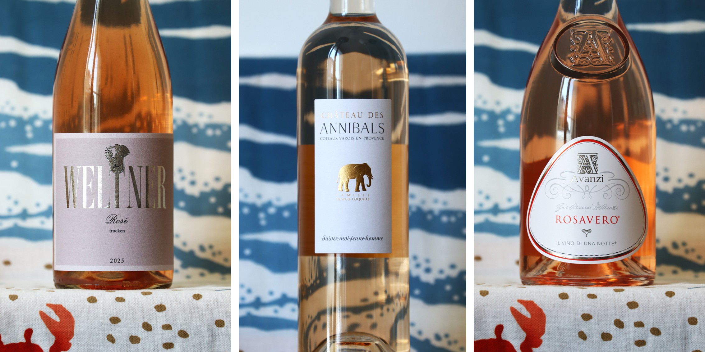 Auf dem dreigeteilten Bild sind für den Rosétest drei verschiedene Flaschen Roséwein abgebildet