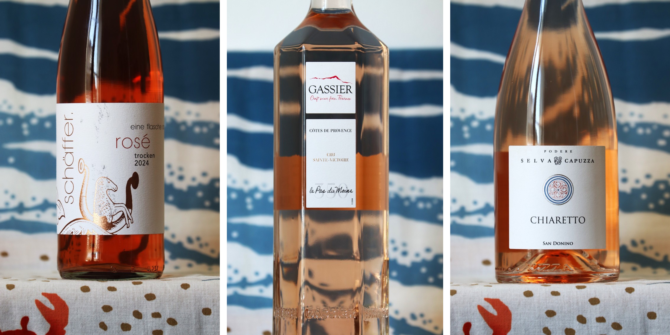 Dreigeteiltes Bild für den Rosétest mit drei Flaschen Rosé - eine aus Franken, eine aus der Provence, eine vom Gardasee