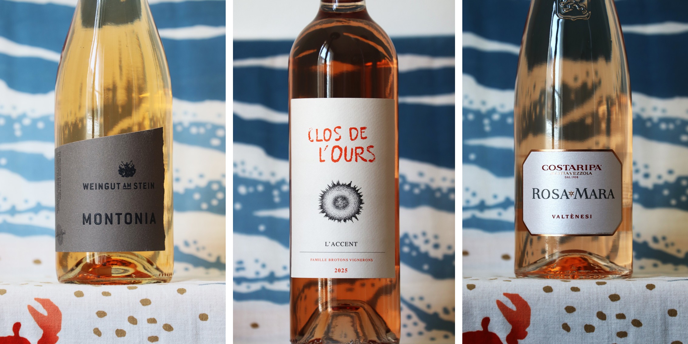 Bild Rosétest mit drei Flaschen Roséwein aus Deutschland, Frankreich und Italien