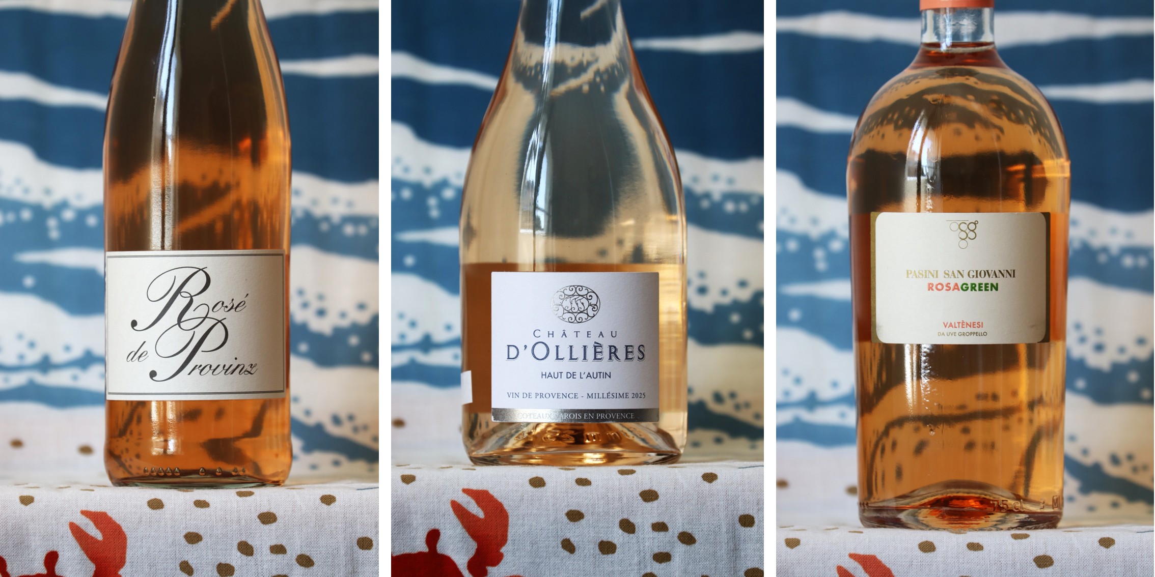Letztes Bild Rosétest mit drei verschiedenen Flaschen Roséwein